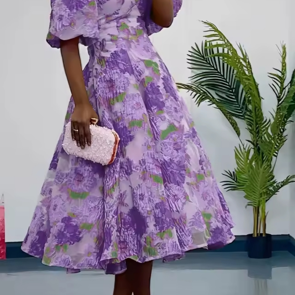 Fashion Printed Bubble Sleeves Dress